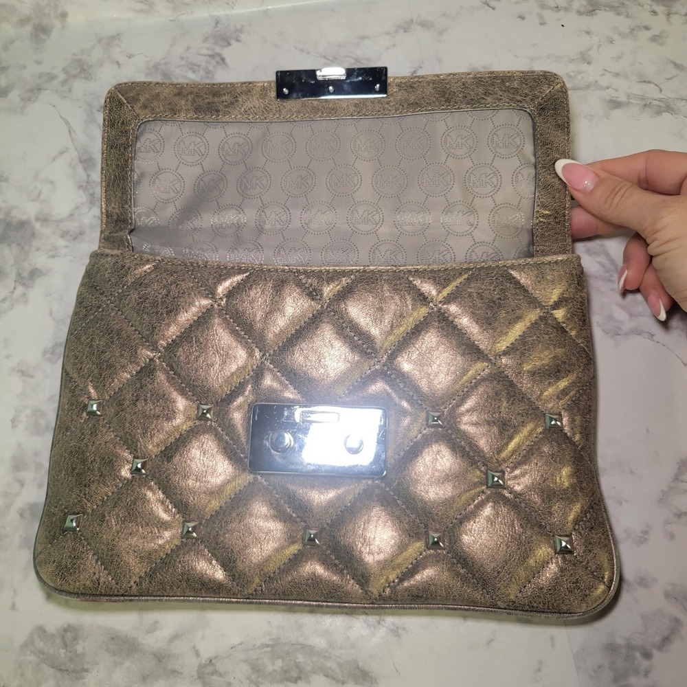 Michael Kors Sloan Metallic Bronze Quilted Leather Studded Chain Crossbody Bag - Picture 8 of 13